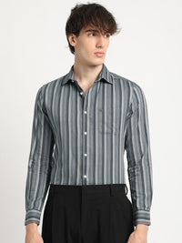 THE BEAR HOUSE Tailored Fit Long Sleeves Spread Collar Cotton Opaque Striped Formal Shirt