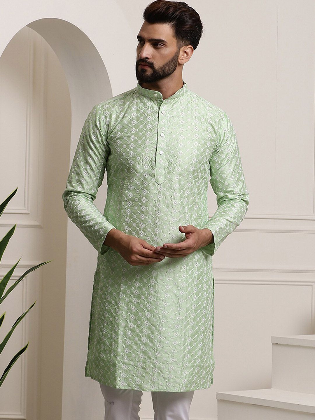 SOJANYA Benang Sulam Etnik Bekerja Kurta Lurus
