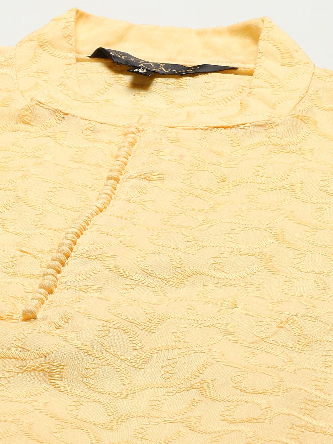 SOJANYA Men Yellow Chikankari Pure Cotton Kurta with Churidar & Nehru Jacket