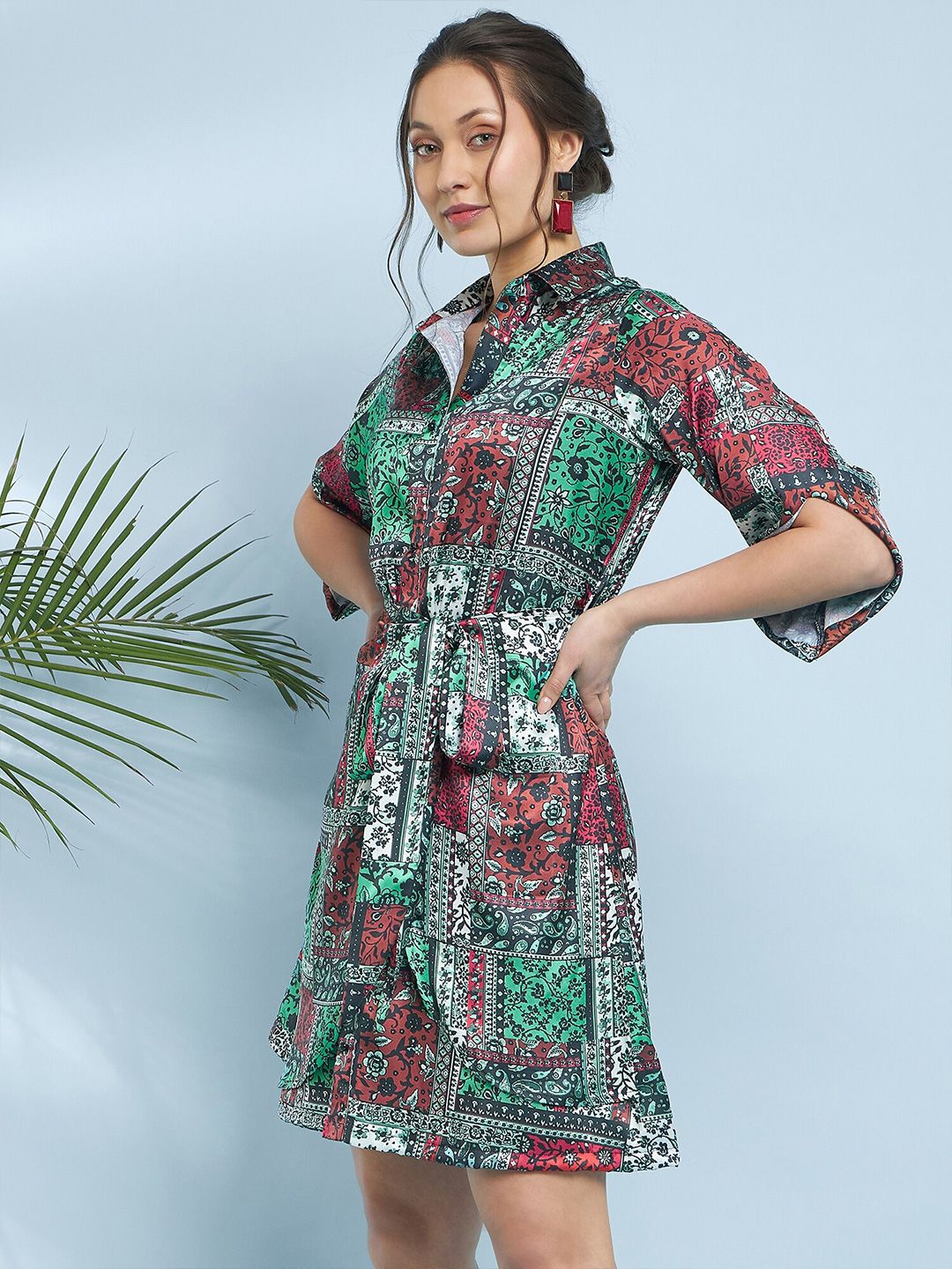 Antheaa Tropical Printed Shirt Collar Satin Fit & Flare Dress