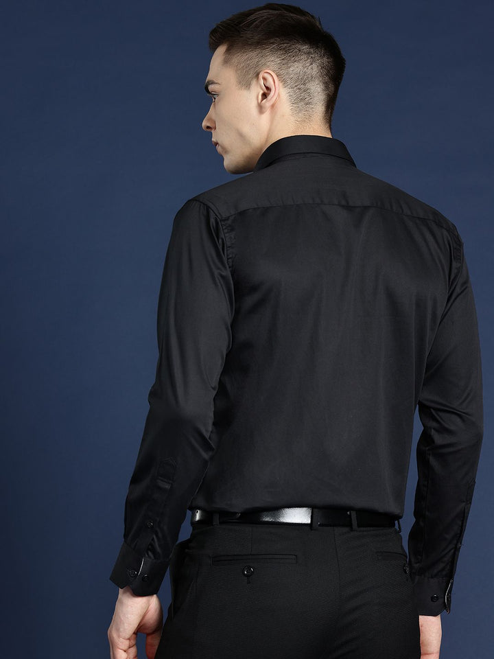 Hancock Men Black Solid Slim Fit Pure Cotton Satin Tuxedo Formal Shirt