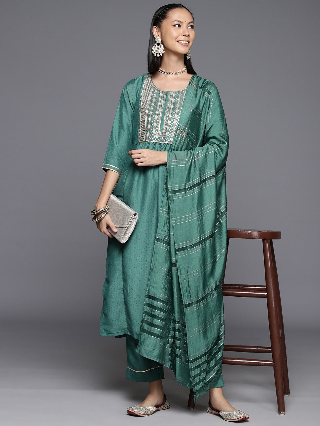 Varanga Ethnic Motifs Yoke Design Zari Sequined Kurta with Trousers & Dupatta