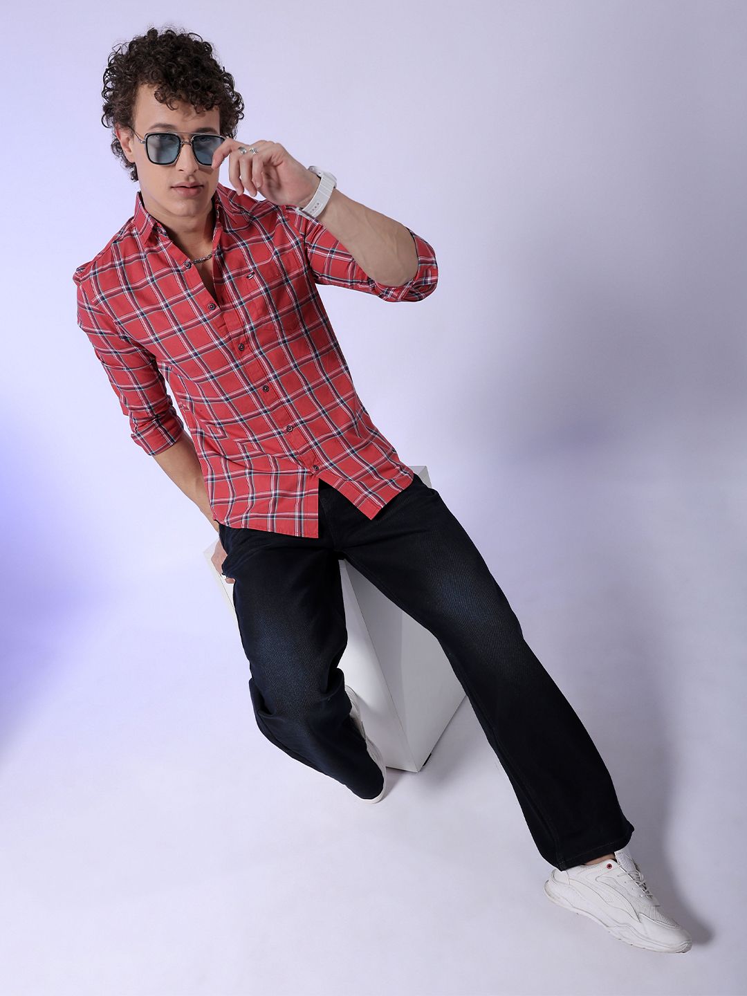 The Indian Garage Co Red Slim Fit Tartan Checked Pure Cotton Casual Shirt