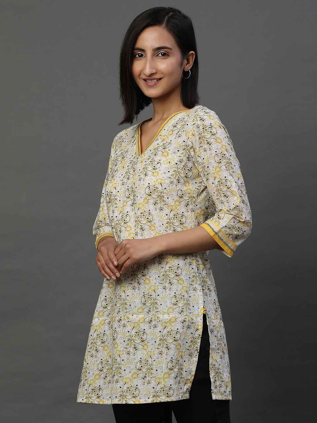 AURELIA Floral Printed V-Neck Pure Cotton Straight Kurti