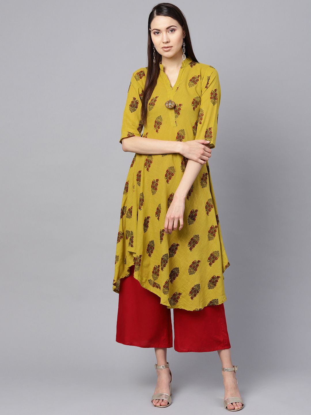 SOJANYA Women Mustard Yellow & Red Floral Print A-Line Kurta
