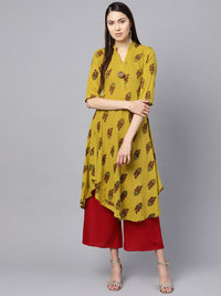 SOJANYA Women Mustard Yellow & Red Floral Print A-Line Kurta
