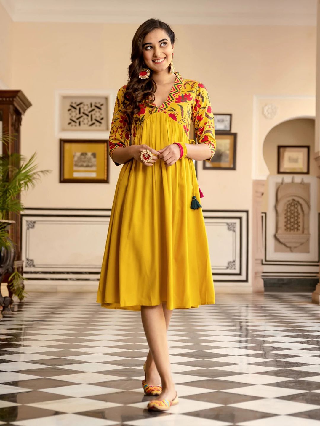 Rustorange Mustard Yellow & Pink Floral Liva A-Line Midi Dress