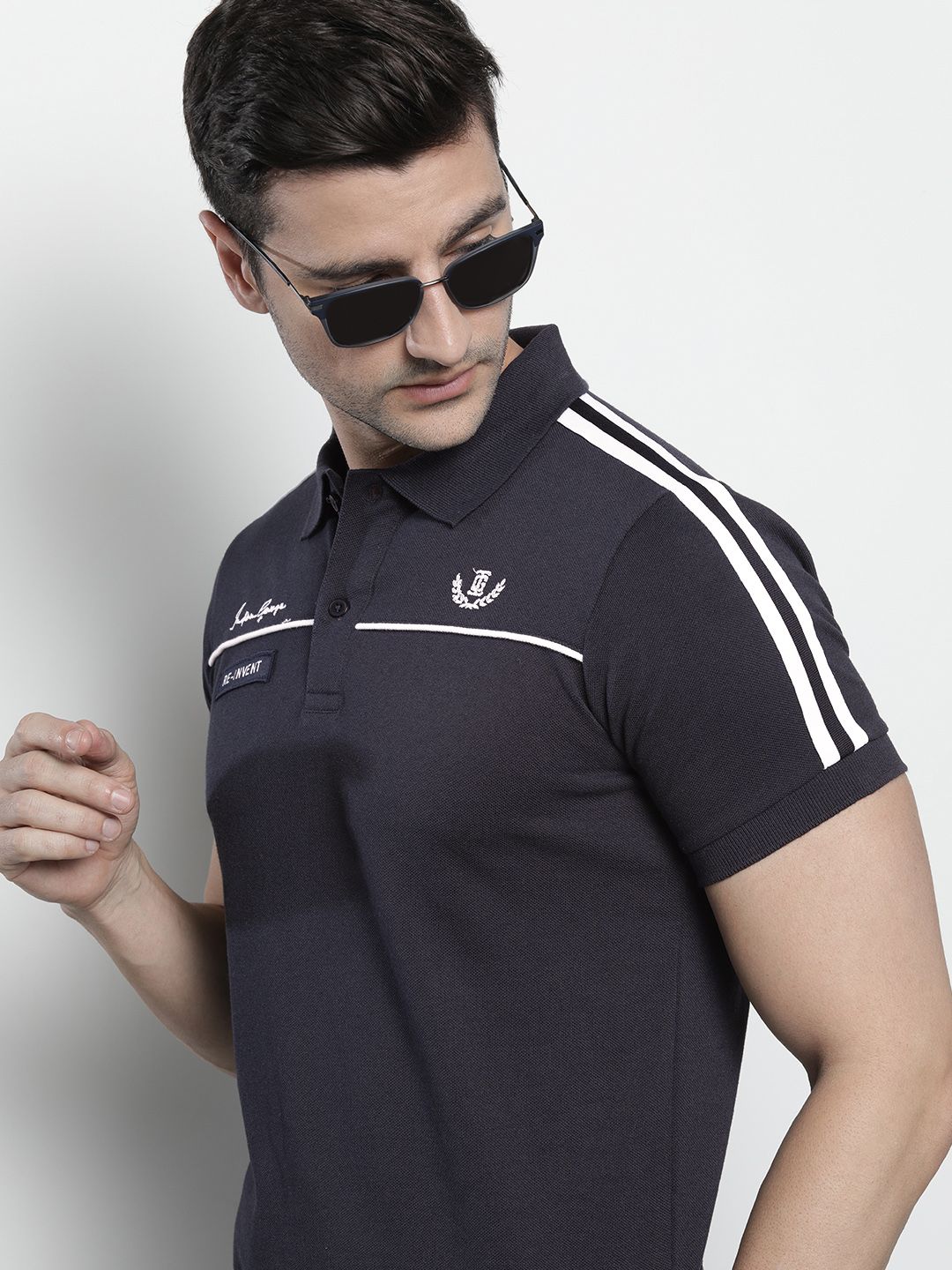 The Indian Garage Co Men Navy Blue Solid Polo Collar Applique Detail Slim Fit T-shirt