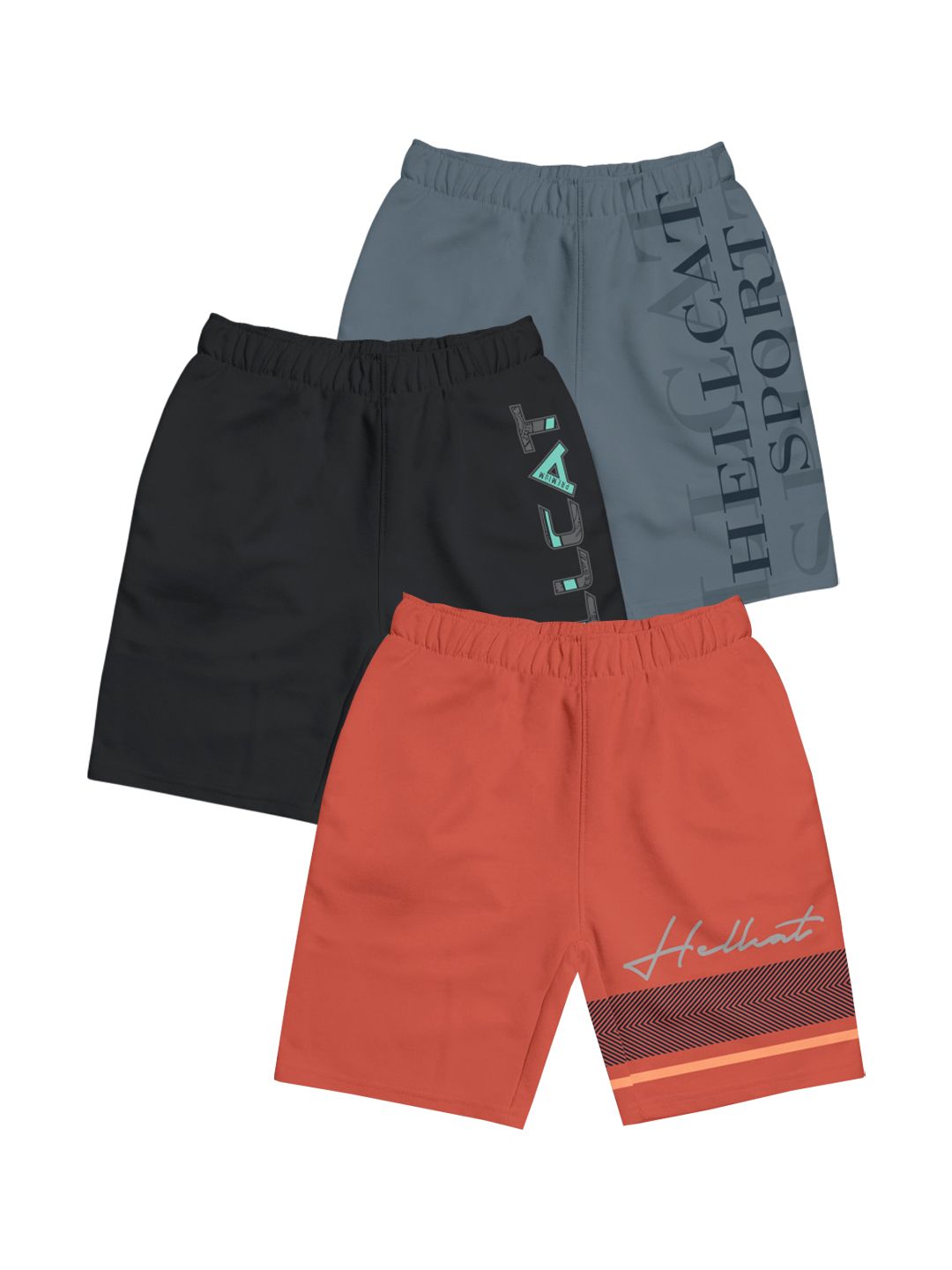 HELLCAT Boys Pack of 3 Typography Printed Cotton Sports Shorts