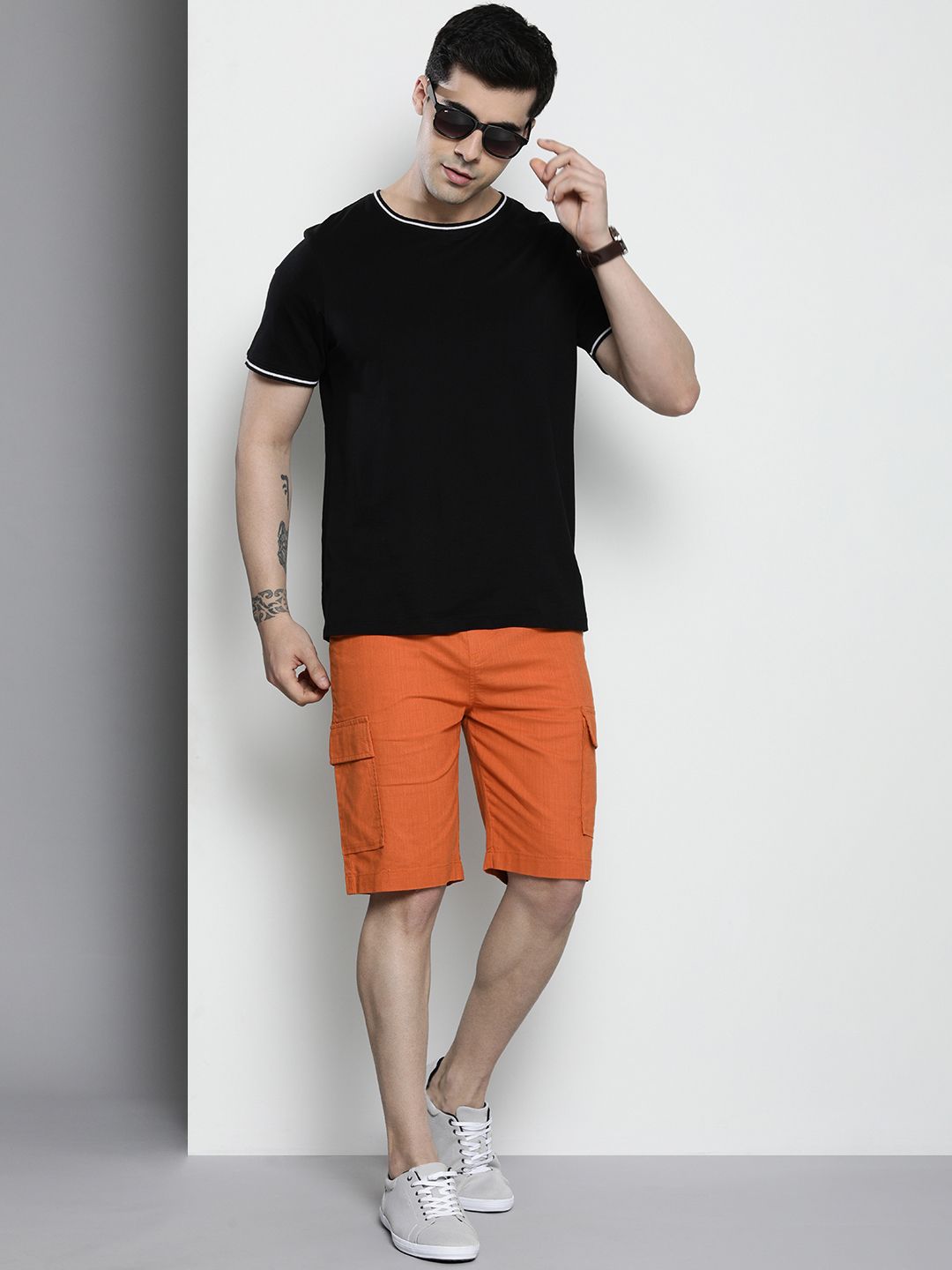 The Indian Garage Co Men Linen Cotton Slim Fit Cargo Shorts