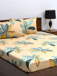 BOMBAY DYEING Beige Floral Microfiber 144 TC Queen Bedsheet &2 Pillow Covers