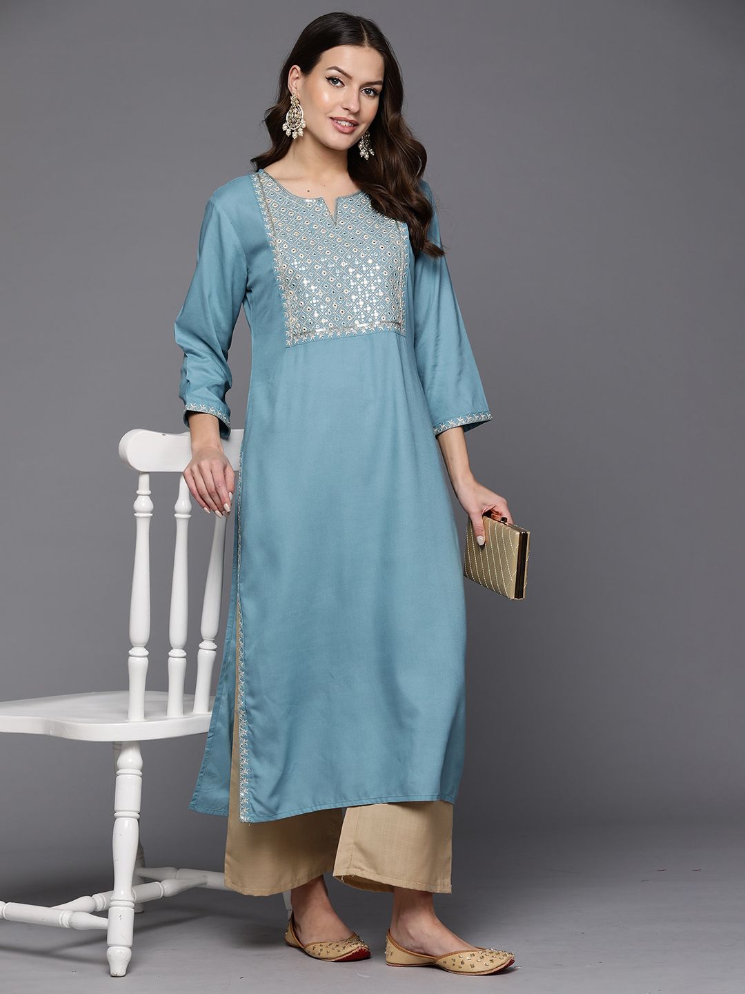 Indo Era Geometric Embroidered Mirror Work Straight Kurta