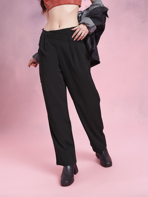 DressBerry Women Classic Cuts Textured Pleated Asymmetric Waist Trousers
