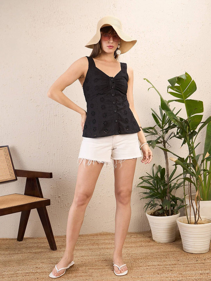 SASSAFRAS Blacl Self Design Schiffli Shoulder Strap Top
