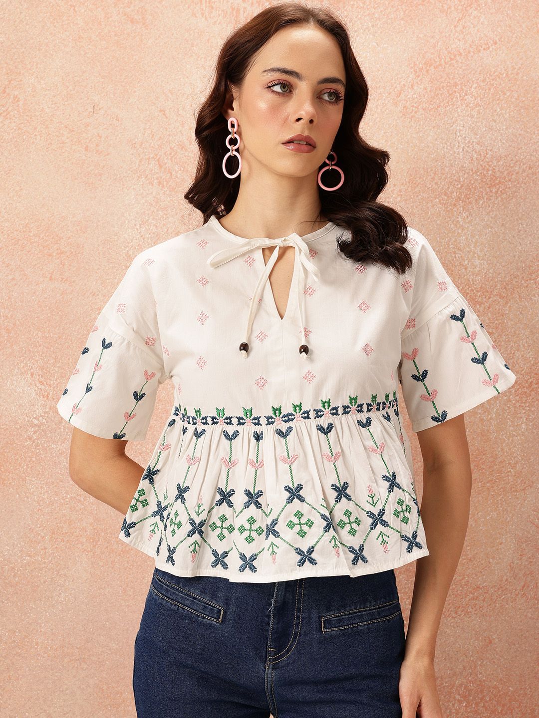 all about you Floral Embroidered Pure Cotton Empire Top