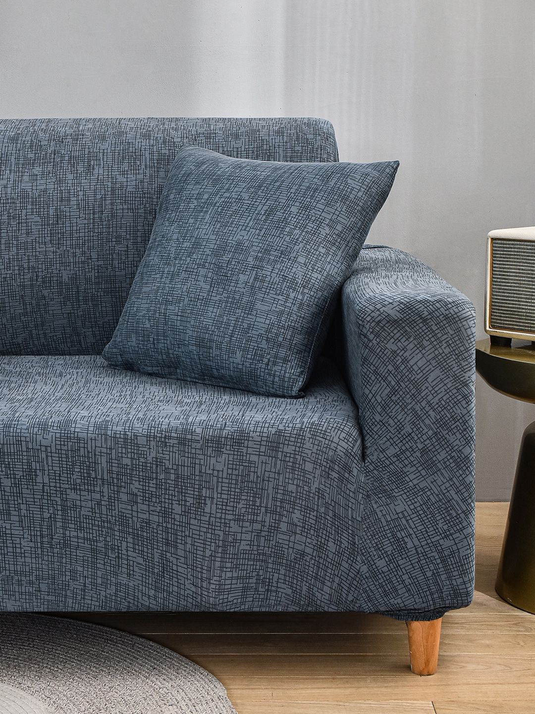 Story@home Grey & Black Printed 1 Seater Stretchable Sofa Cover With Arms
