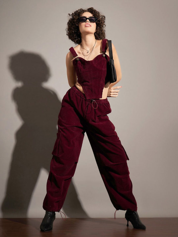 SASSAFRAS Maroon Shoulder Straps Corduroy Crop Fitted Top