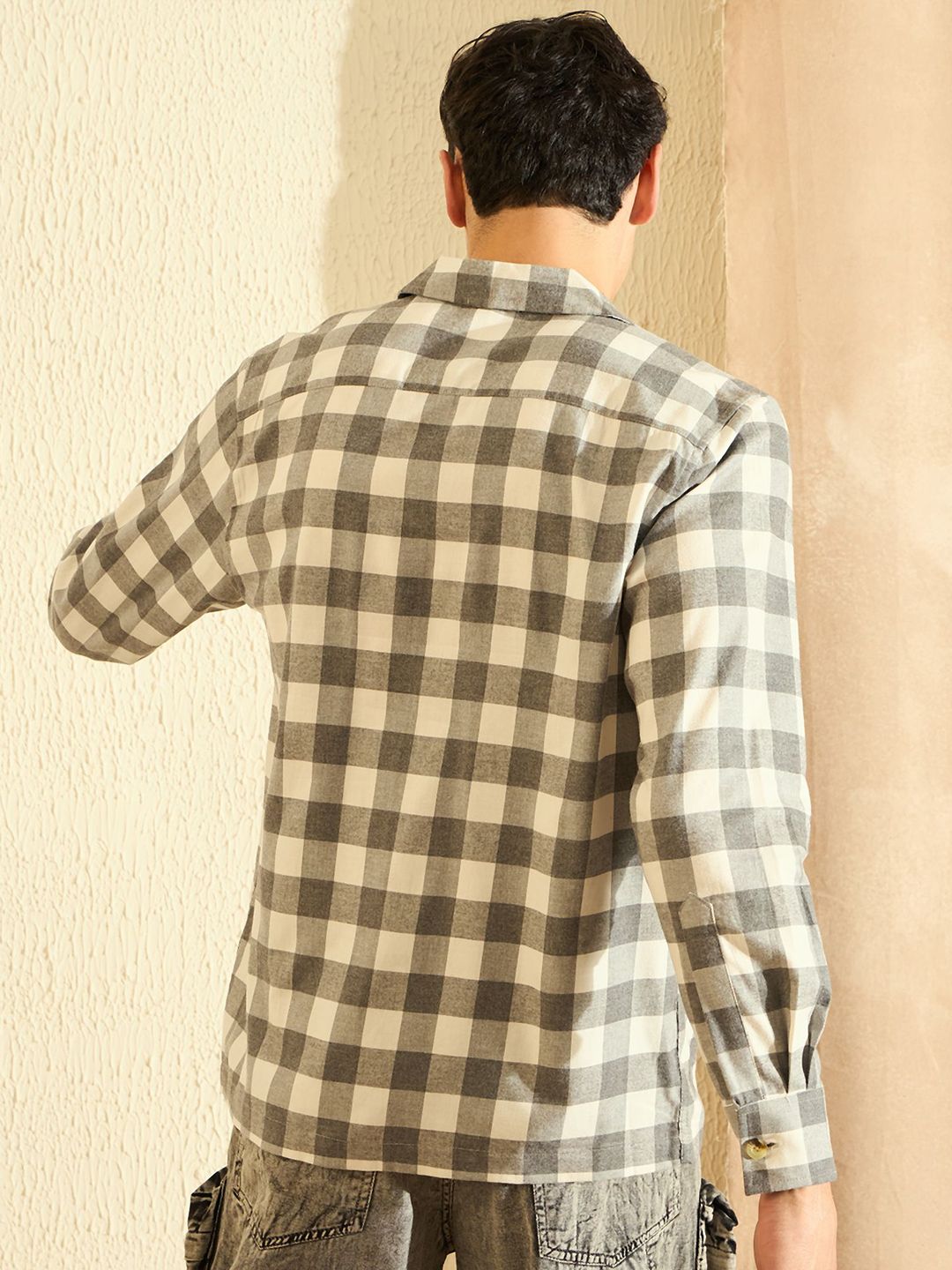 DENNISON Smart Oversized Checked Cuban Collar Flannel Weave Cotton Casual Shirt
