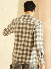 DENNISON Smart Oversized Checked Cuban Collar Flannel Weave Cotton Casual Shirt