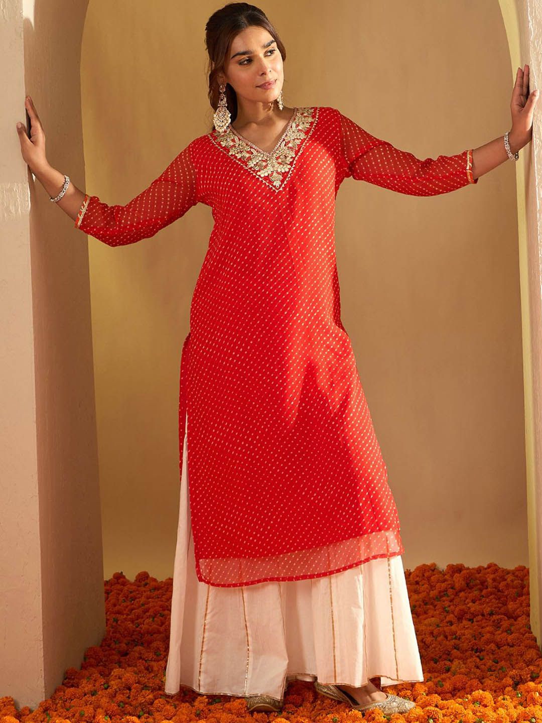 Indo Era Leheriya Printed Gotta Patti Straight Kurta