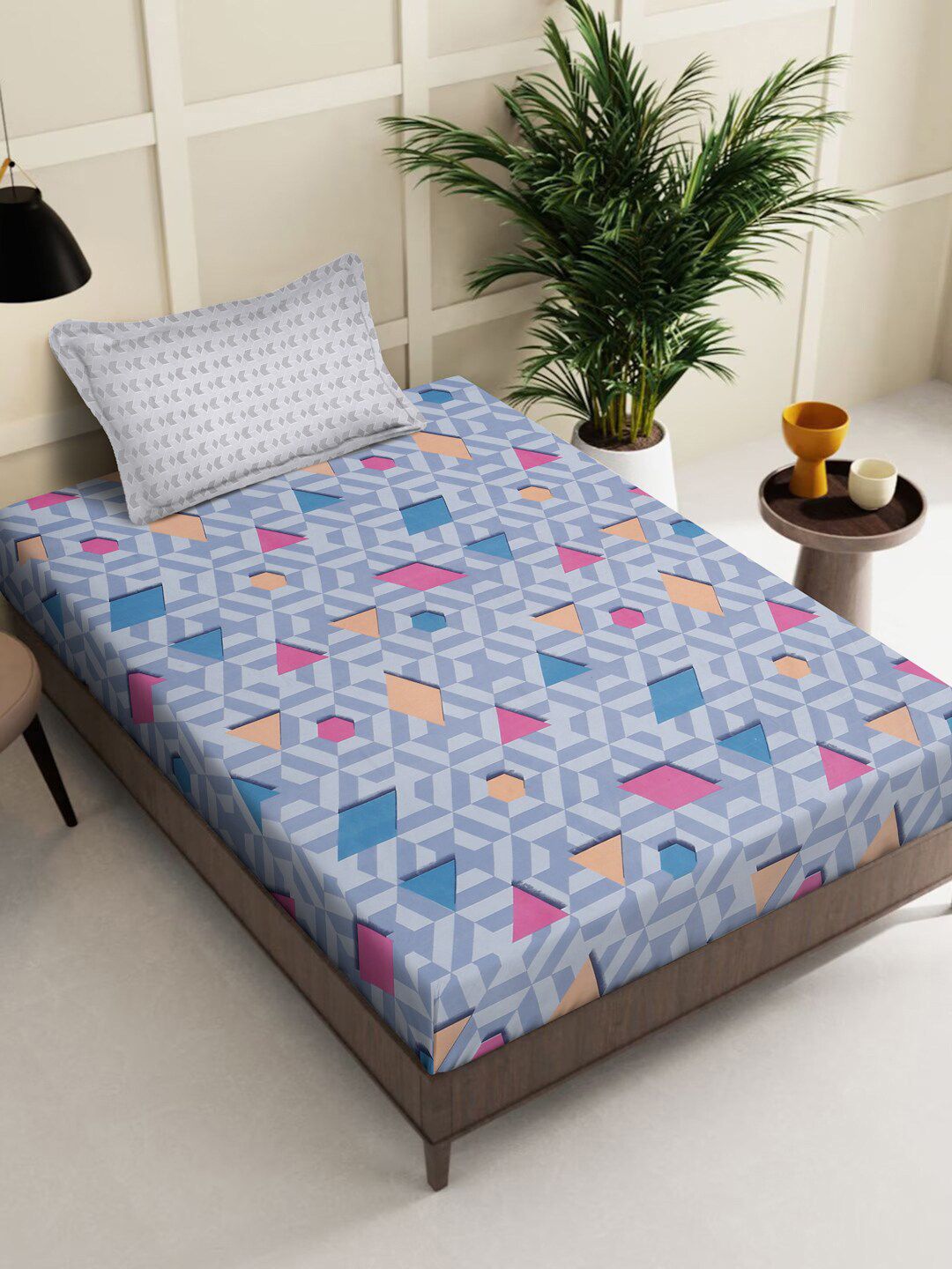 KLOTTHE Biru & Merah Jambu Geometri Bercetak 300 TC Cadar Bujang Dengan Sarung Bantal