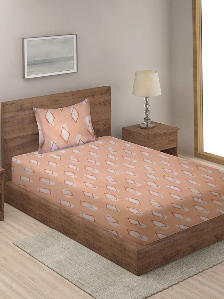 KLOTTHE Peach Geometric Cotton 210 TC Single Fine Bedsheet with a Pillow Cover-89 x 59 inches