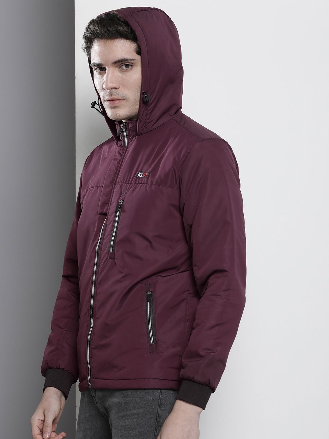 The Indian Garage Co Men Slim Fit Zip-Front Hooded Bomber Jacket