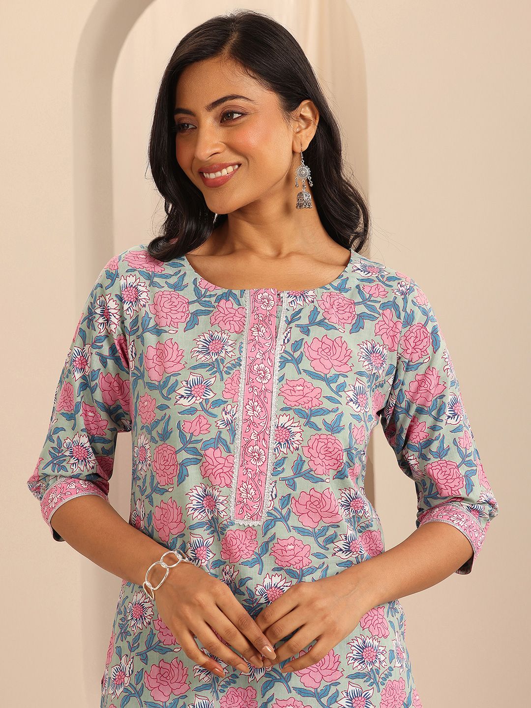 Libas Printed Regular Gotta Patti Pure Cotton Straight Kurta with Trousers & Dupatta