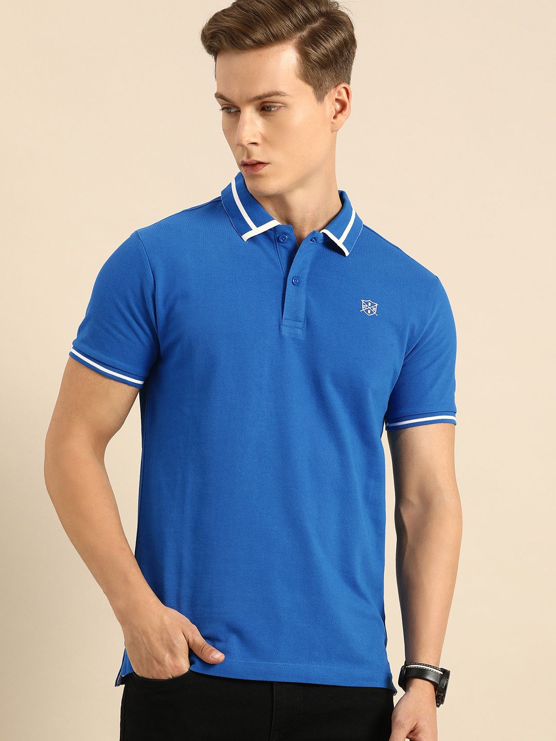 Being Human Clothing Men Blue Solid Polo Collar Pure Cotton T-shirt