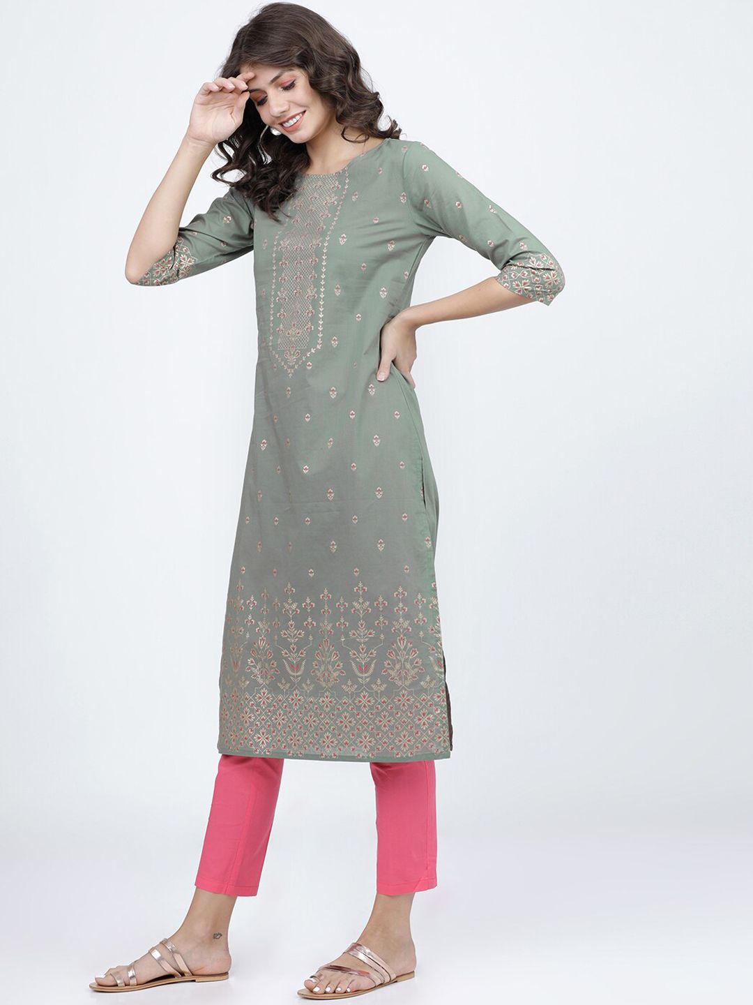 Vishudh Women Olive Ethnic Motifs Printed Cotton Kurta