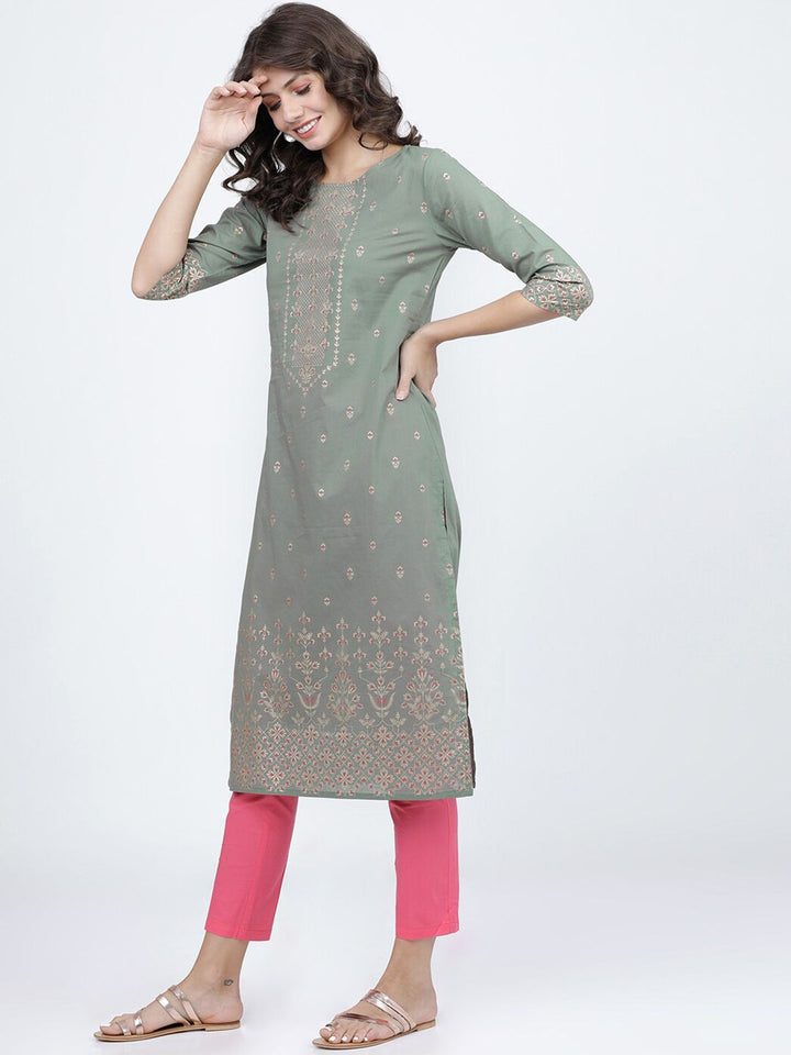 Vishudh Women Olive Ethnic Motifs Printed Cotton Kurta
