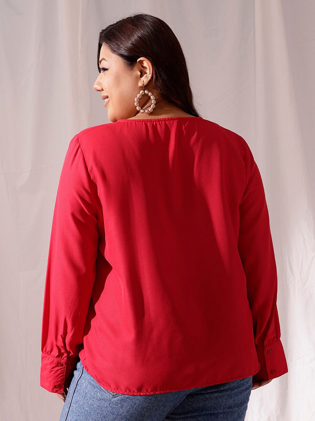 CURVY STREET Plus Size V-Neck Cuffed Sleeves Shirt Style Top