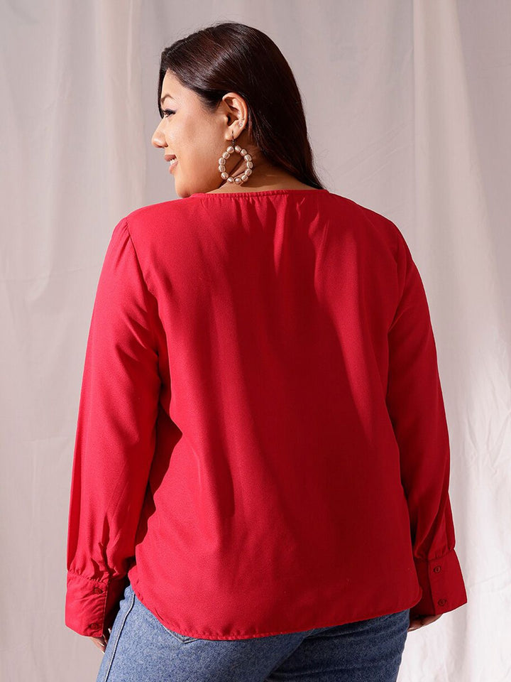 CURVY STREET Plus Size V-Neck Cuffed Sleeves Shirt Style Top