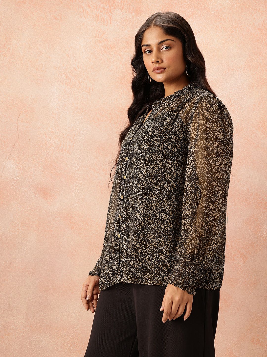 all about you Plus Size Floral Print Sheer Shirt Style Top