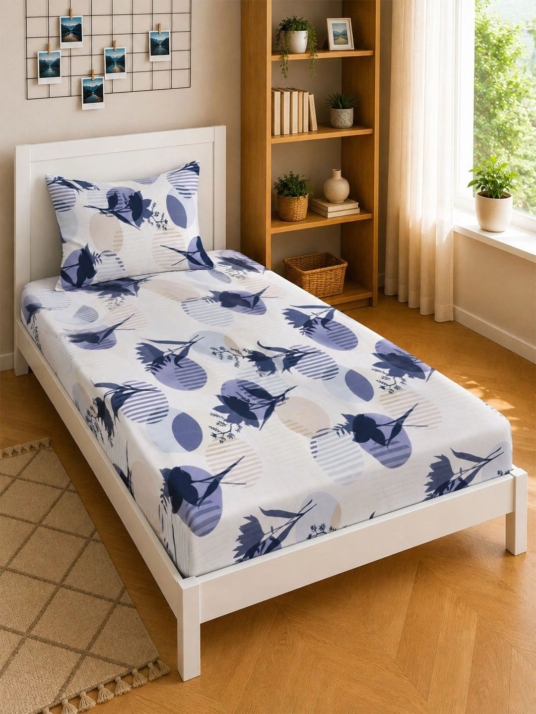 Moda Rapido X KLOTTHE White & Navy Blue Floral 300 TC Cadar Bujang dengan 1 Sarung Bantal