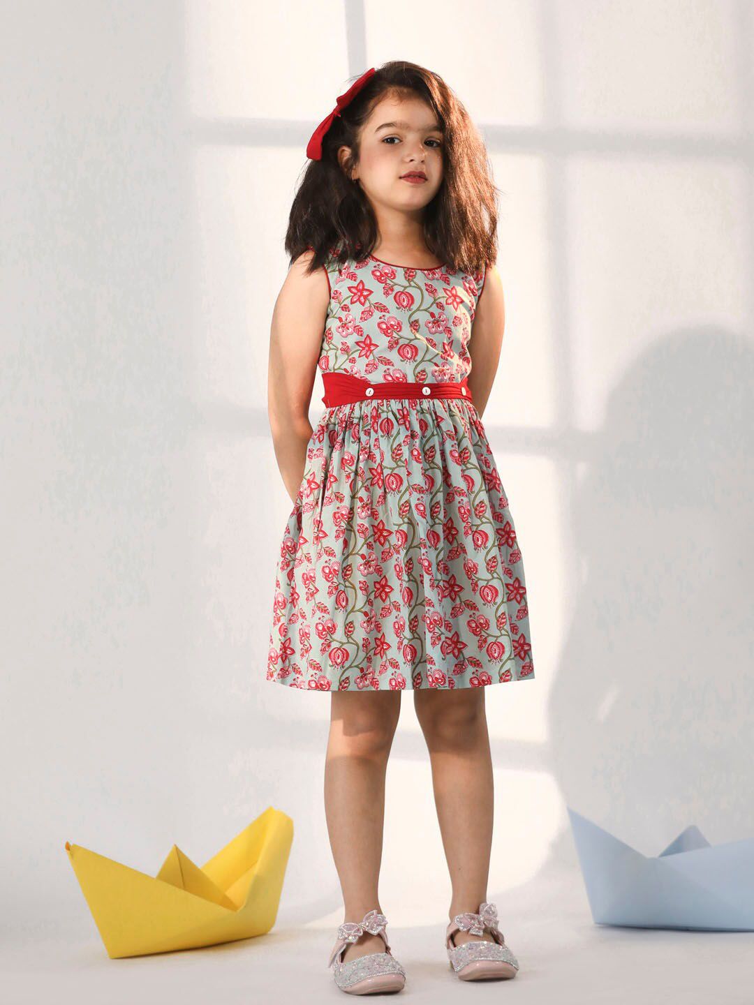 VASTRAMAY Girls Floral Printed Sleeveless Cotton Fit & Flare Dress