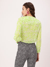 DressBerry Cute Feminine Tropical Printed Ruffled Crop Shirt