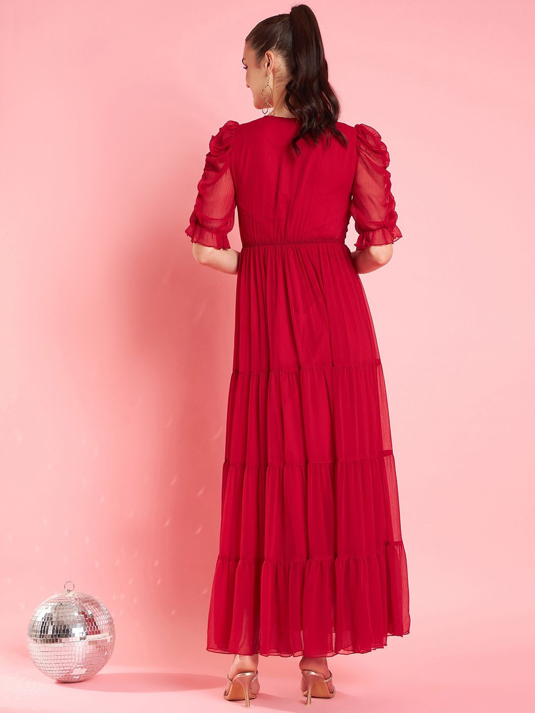 Antheaa Embellished Puff Sleeve Chiffon Maxi Dress