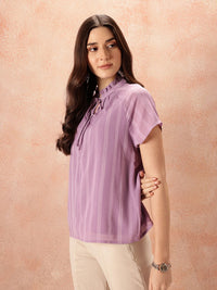 all about you Tie-Up Neck Ruffled Self - Striped Top