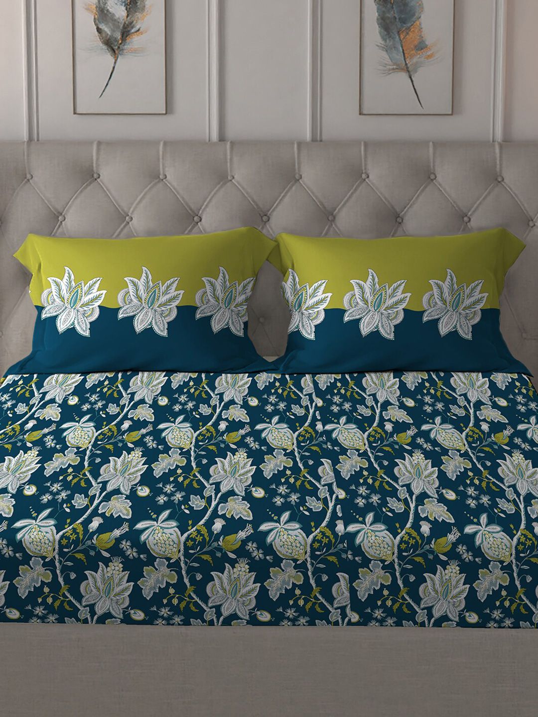MYTRIDENT Blue  White Floral Cotton 144 TC Queen Bedsheet With 2 Pillow Covers