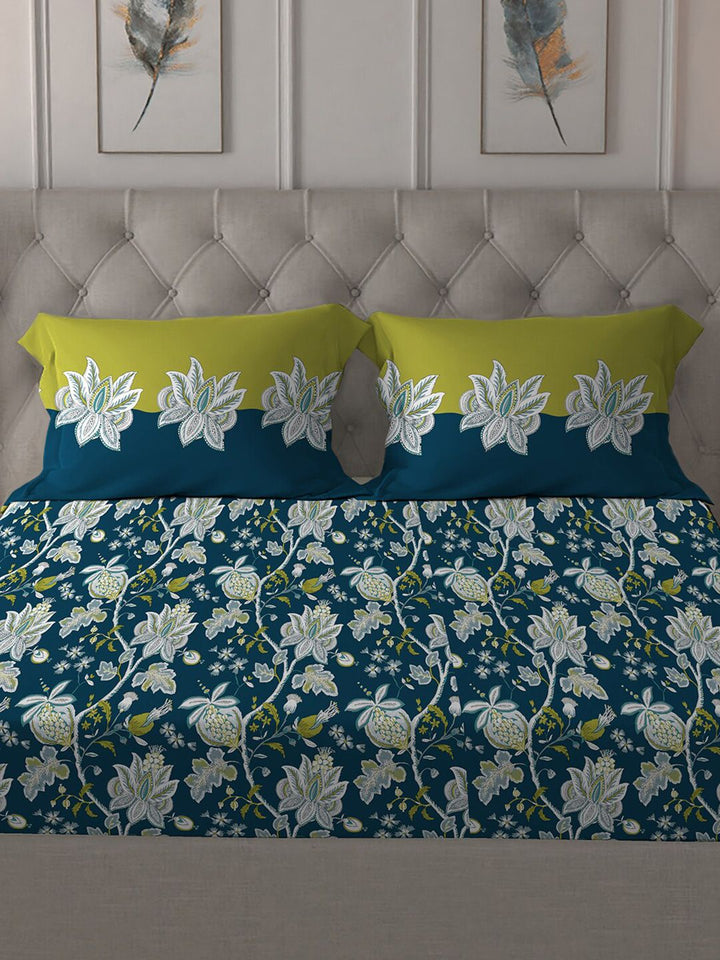 MYTRIDENT Blue  White Floral Cotton 144 TC Queen Bedsheet With 2 Pillow Covers