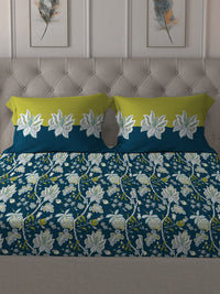 MYTRIDENT Blue  White Floral Cotton 144 TC Queen Bedsheet With 2 Pillow Covers