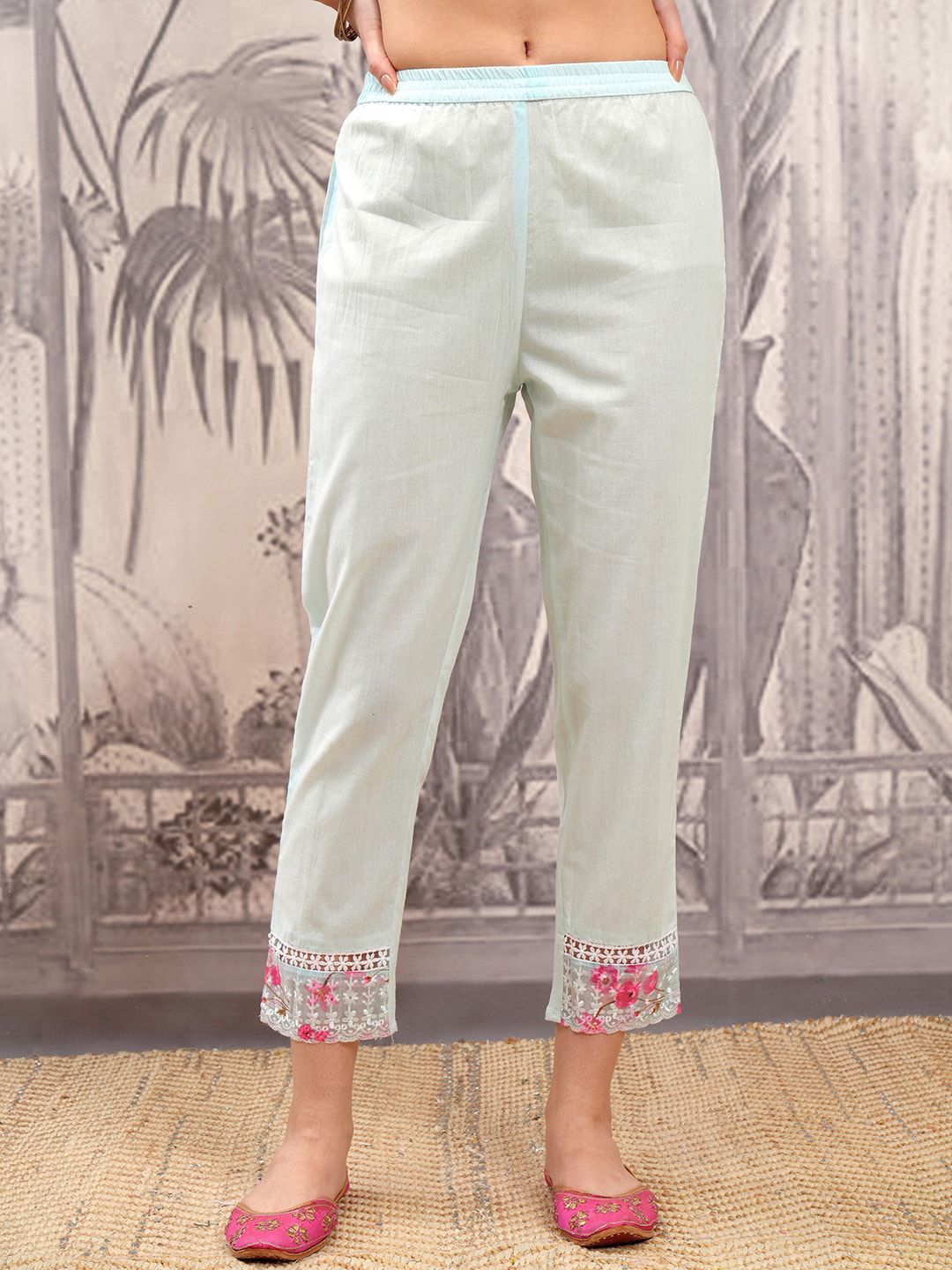 Vishudh Blue & Pink Floral Embroidered Pure Cotton Angrakha Kurta & Trousers With Dupatta