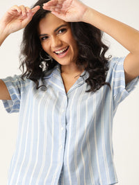 DressBerry Women Blue & Off-White Striped EcoVero Sustainable Shirt