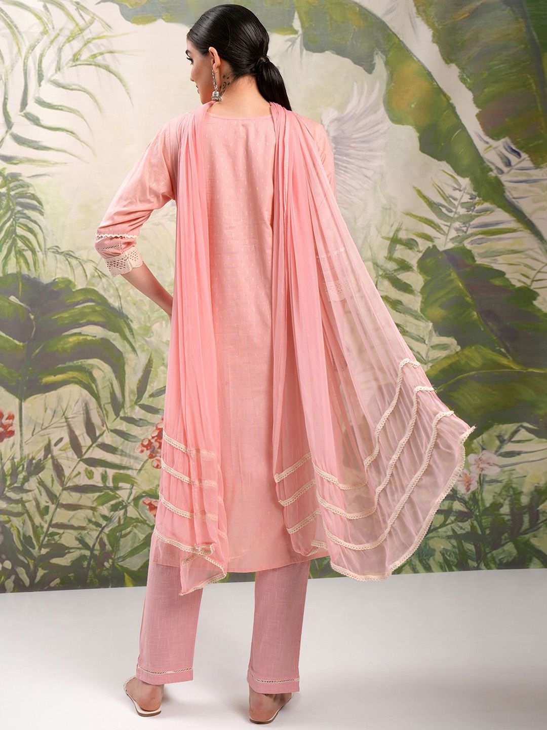Vishudh V Neck Pure Cotton Straight Kurta & Trousers With Dupatta