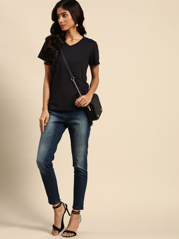 all about you Women Black Solid V-Neck T-shirt
