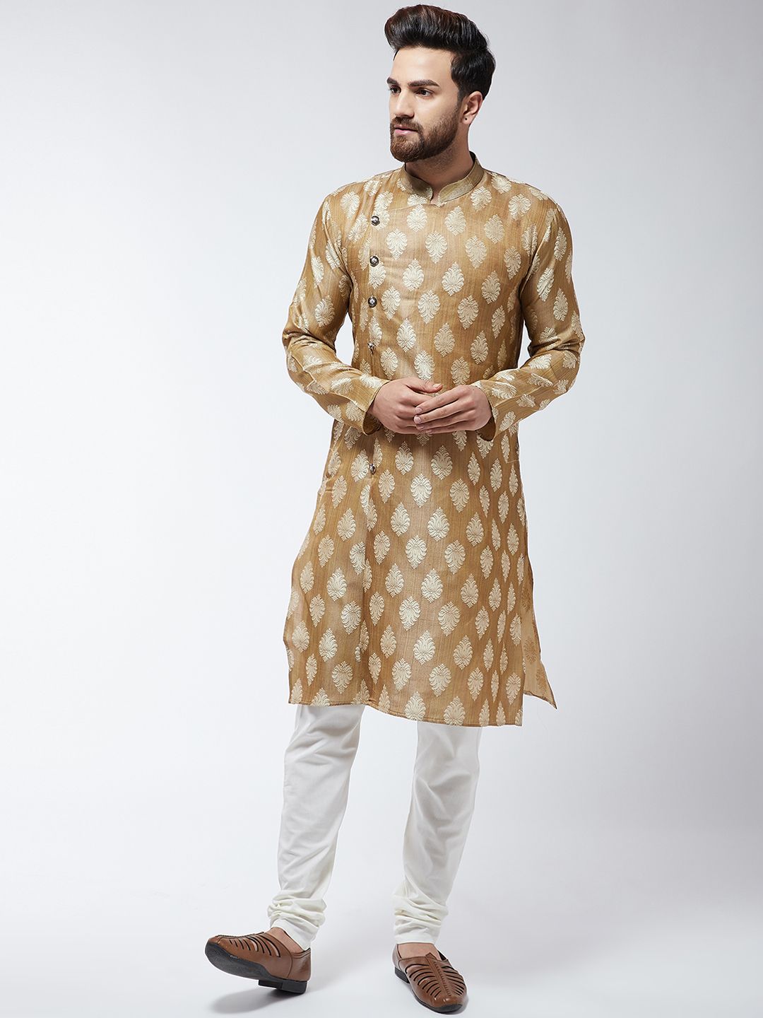 SOJANYA Lelaki Coklat Sulam Kurta Lurus