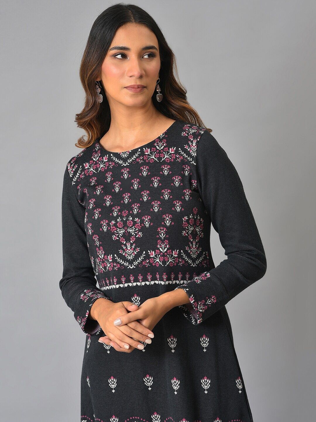 W Round Neck Floral Printed A-Line Kurta