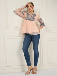 Antheaa Geometric Embroidered Puff Sleeve Chiffon A-Line Top