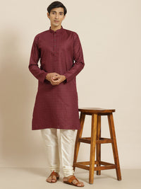 SOJANYA Lelaki Maroon & Berwarna Krim Cetakan Geometrik Kapas Linen Kurta Lurus